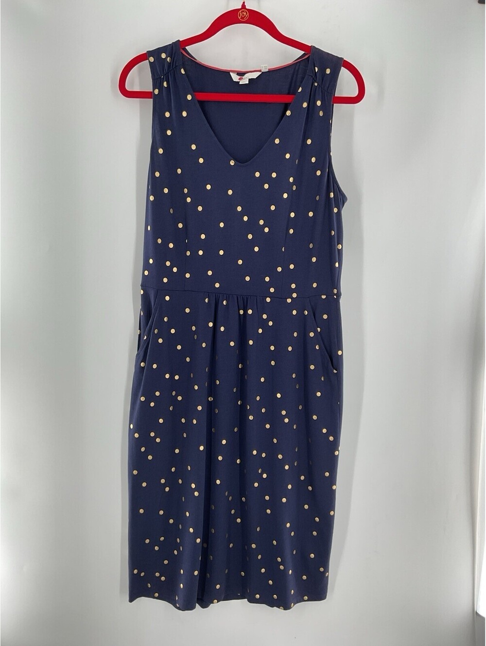 Boden Women’s Size 12 L Polkadot Navy Blue V-Neck Dress With Pockets 129
